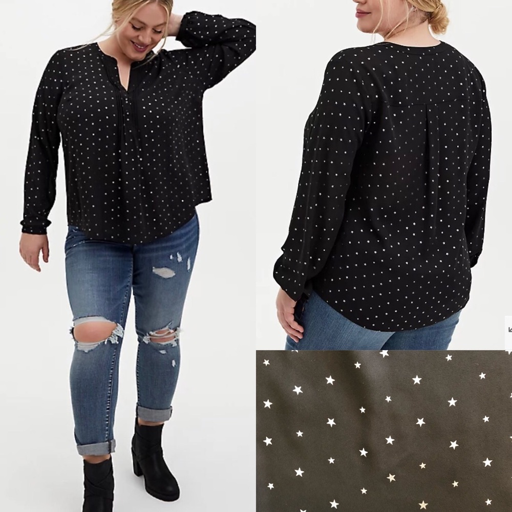 Torrid Black Stars Georgette Pintuck Button Down Blouse - Size 3